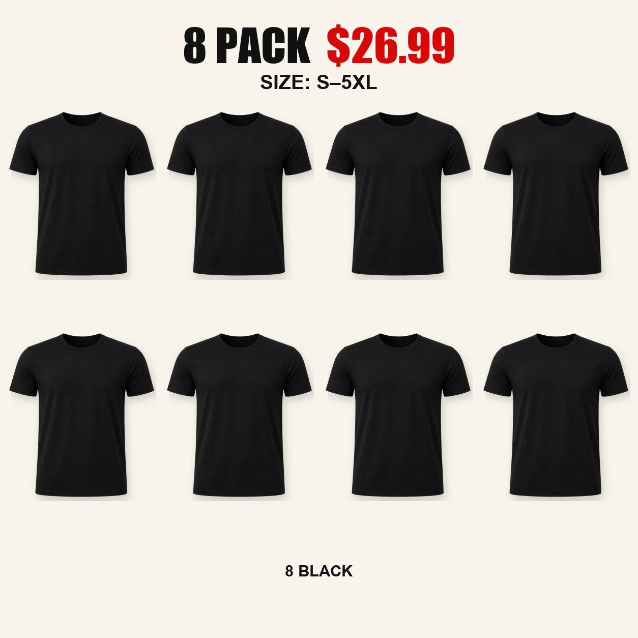 Eight-pack all-black bicep-hugging crew neck T-shirts