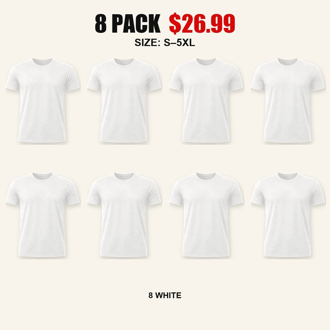 Eight-pack all-white bicep-hugging crew neck T-shirts