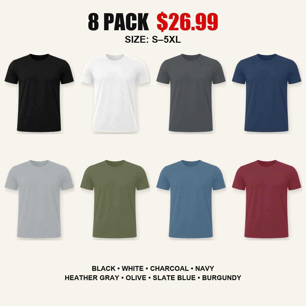 Eight-pack full color mix crew neck T-shirts