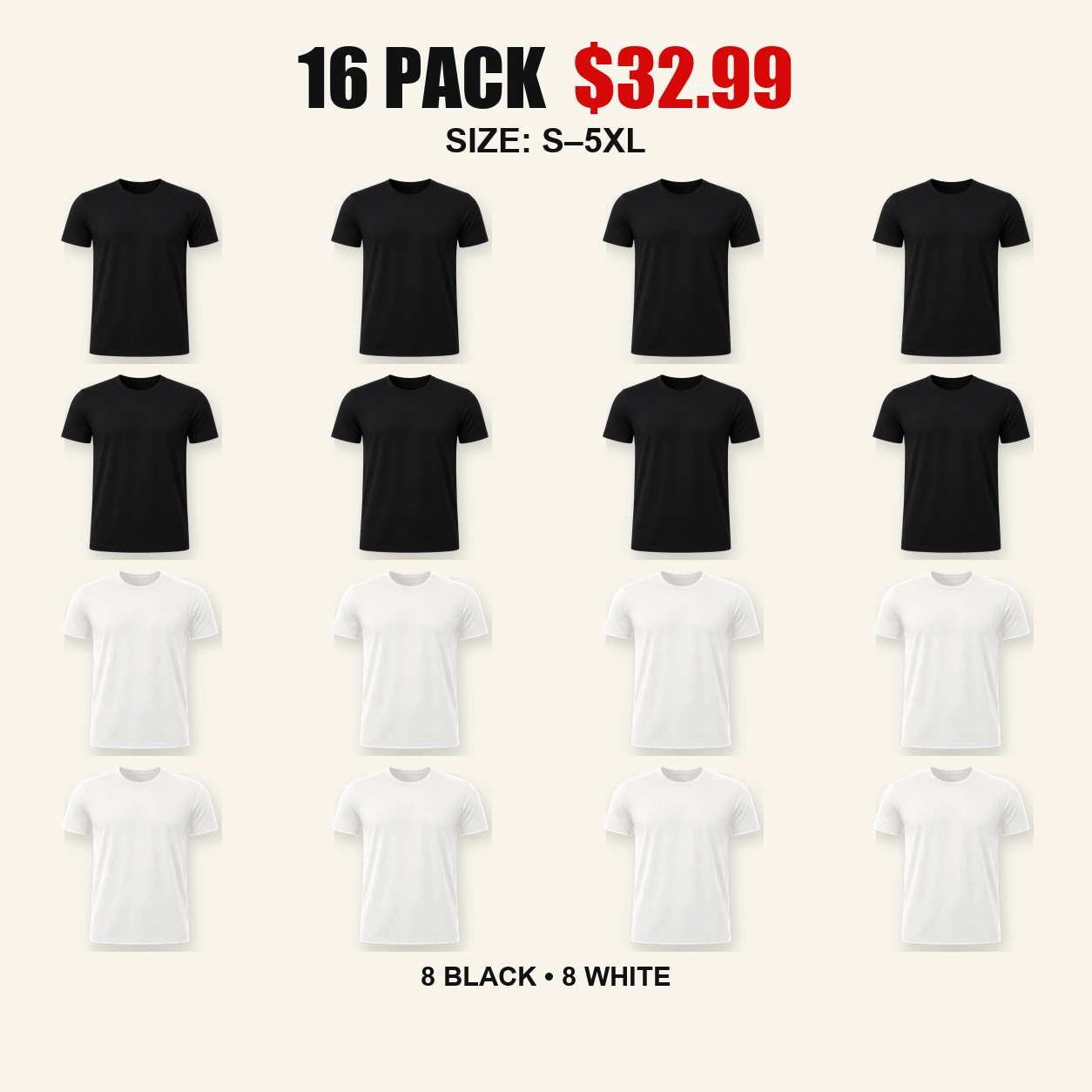 Sixteen-pack black and white bicep-hugging crew neck T-shirts
