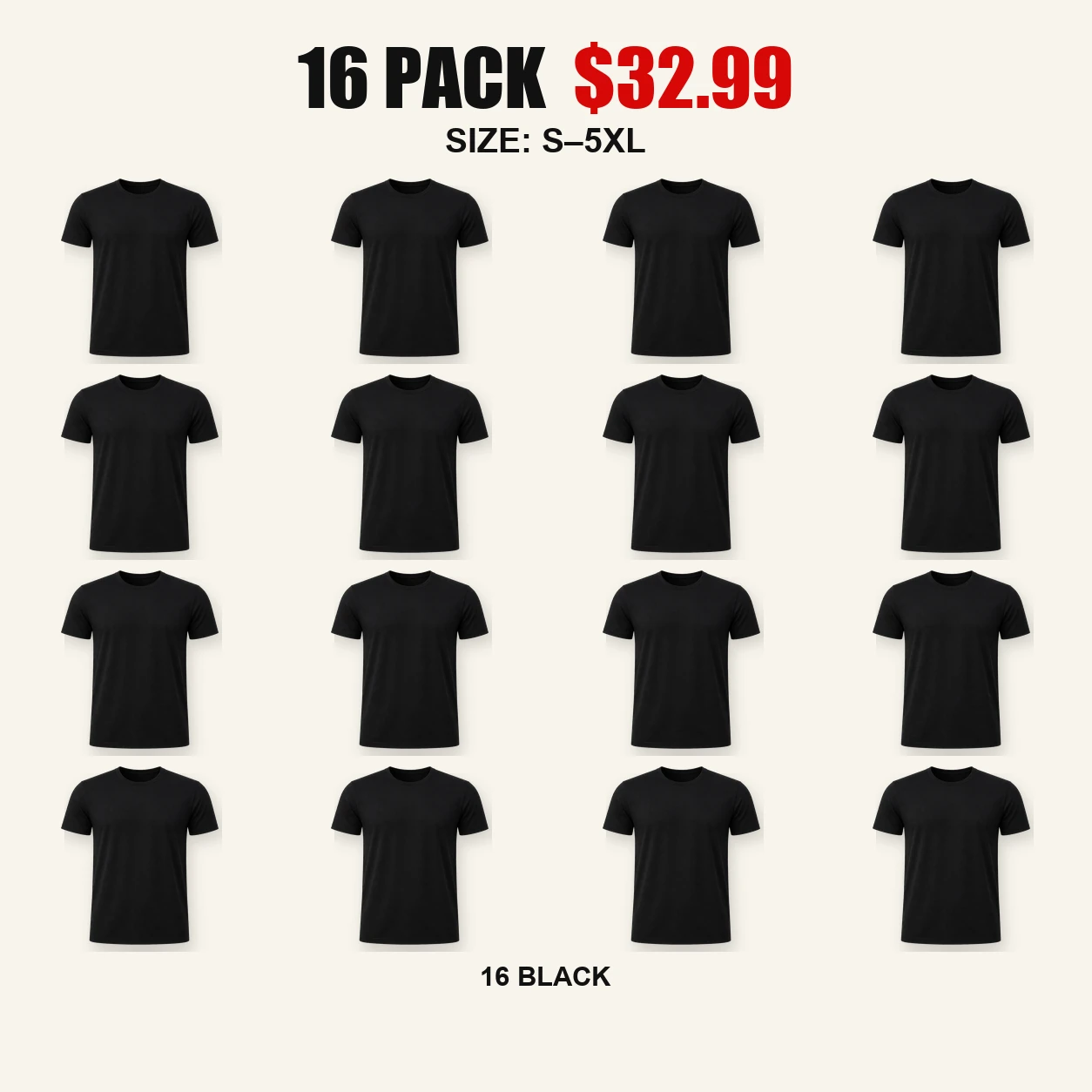 Sixteen-pack all-black bicep-hugging crew neck T-shirts