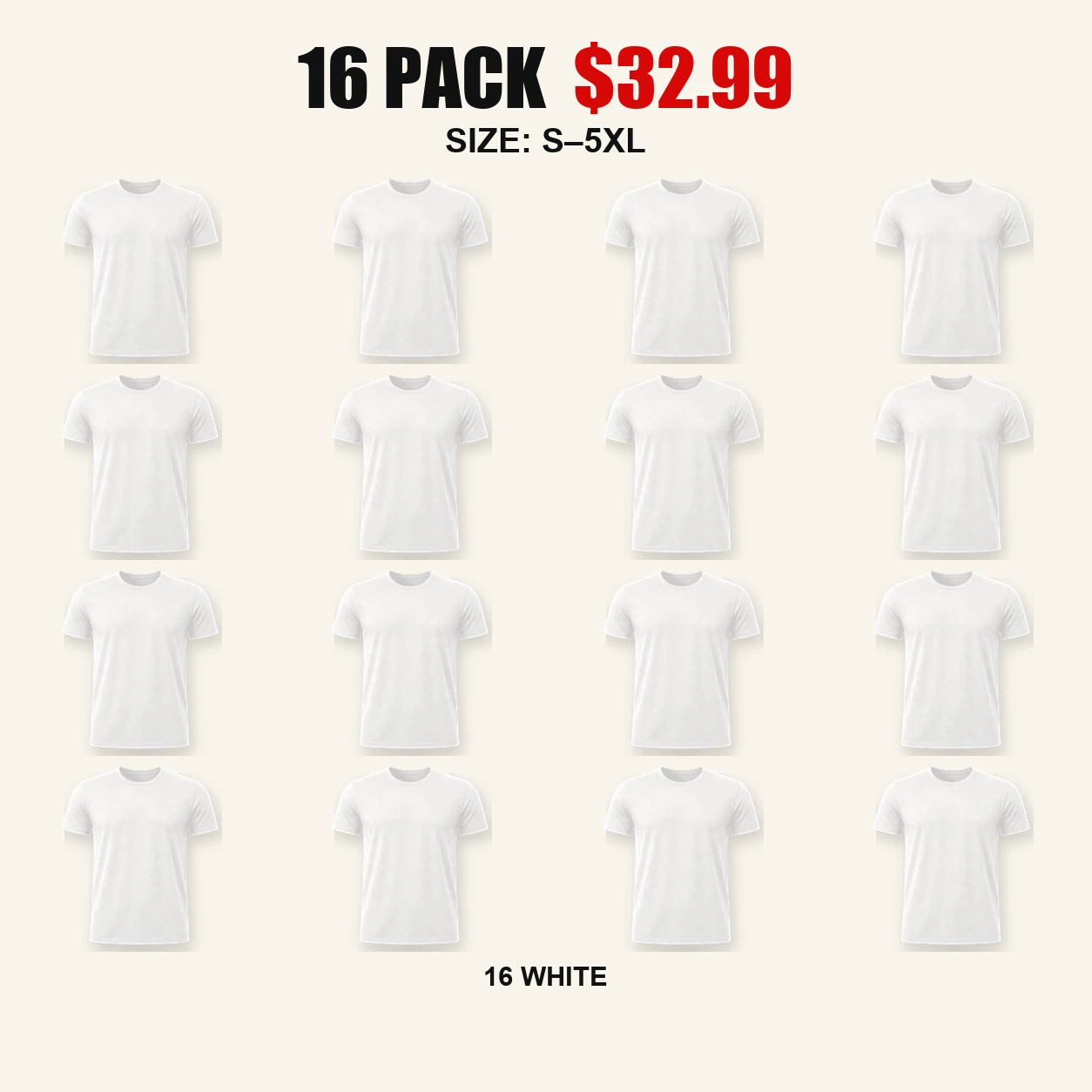 Sixteen-pack all-white bicep-hugging crew neck T-shirts