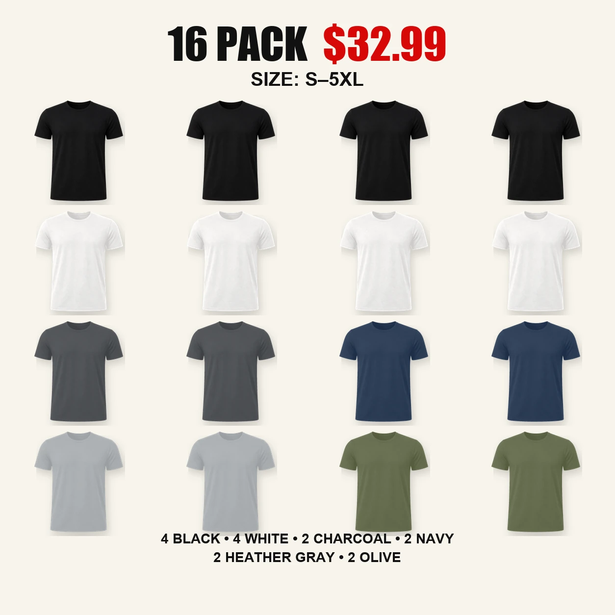 Sixteen-pack essential color mix crew neck T-shirts