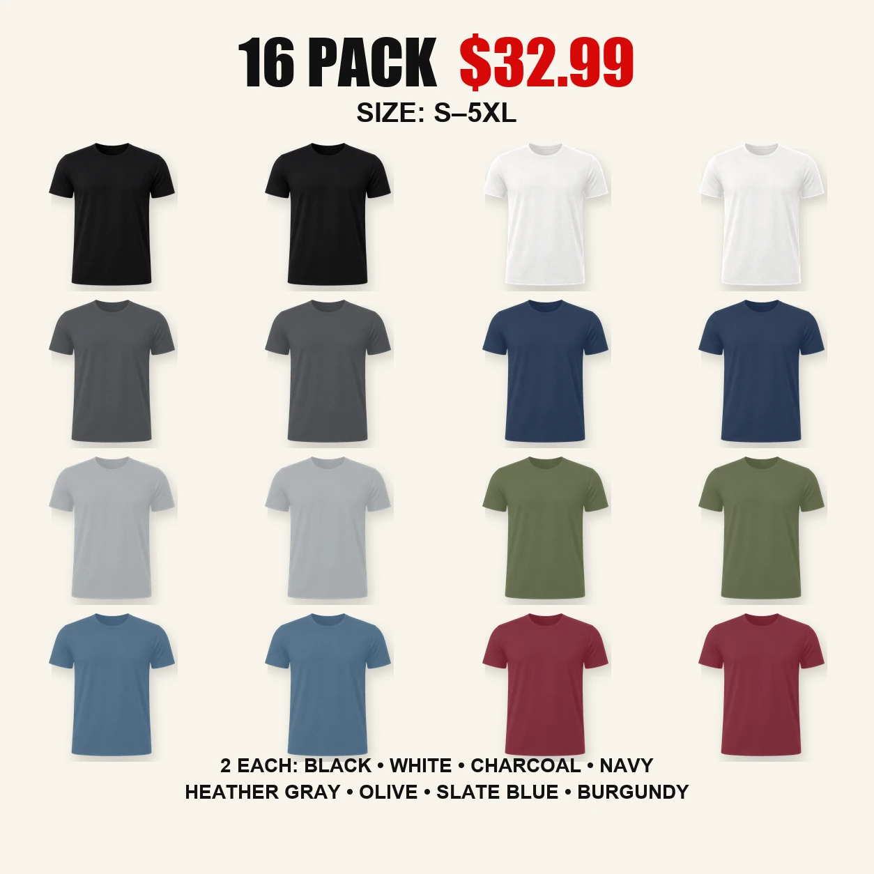 Sixteen-pack full color mix crew neck T-shirts