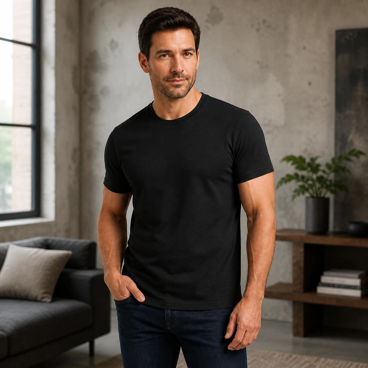 Same male model in a bicep-hugging crew neck T-shirt secondary cover