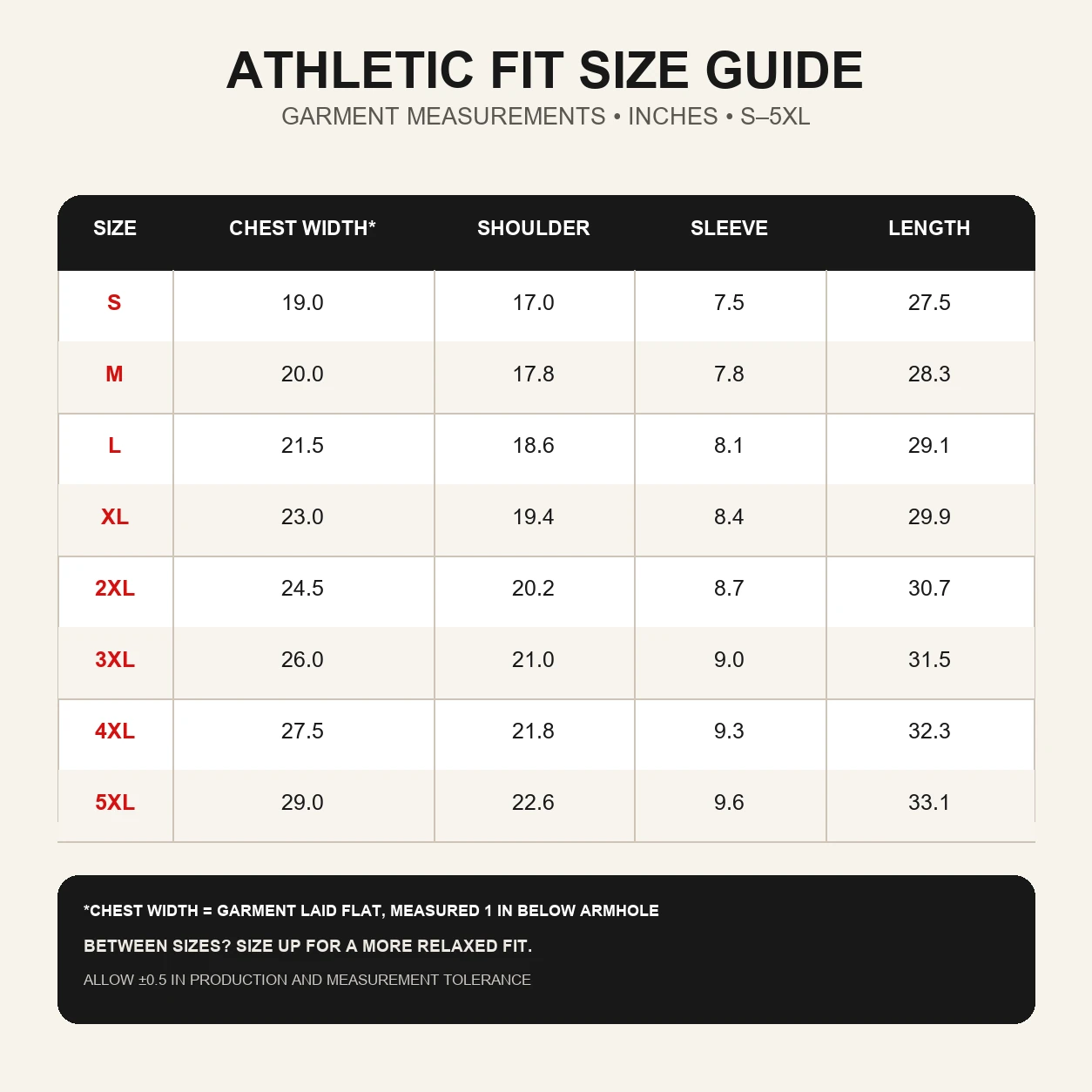 Men's bicep-hugging crew neck T-shirt size chart S to 5XL