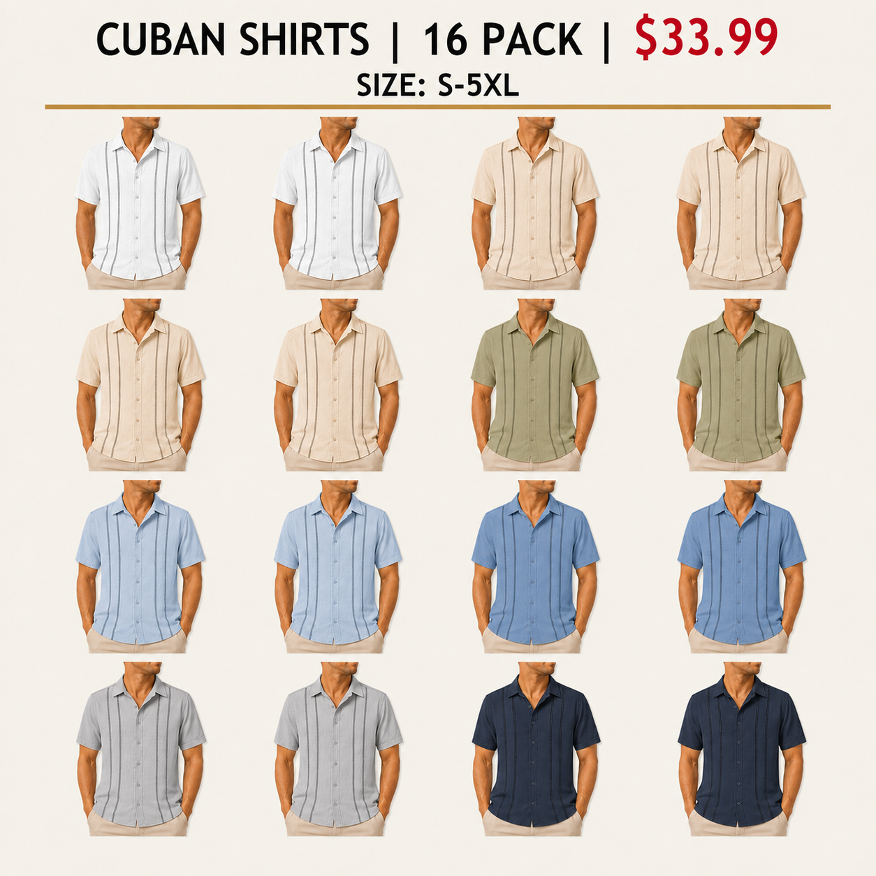 Men's Cuban Guayabera Short Sleeve Shirts - 8 & 16 Pack