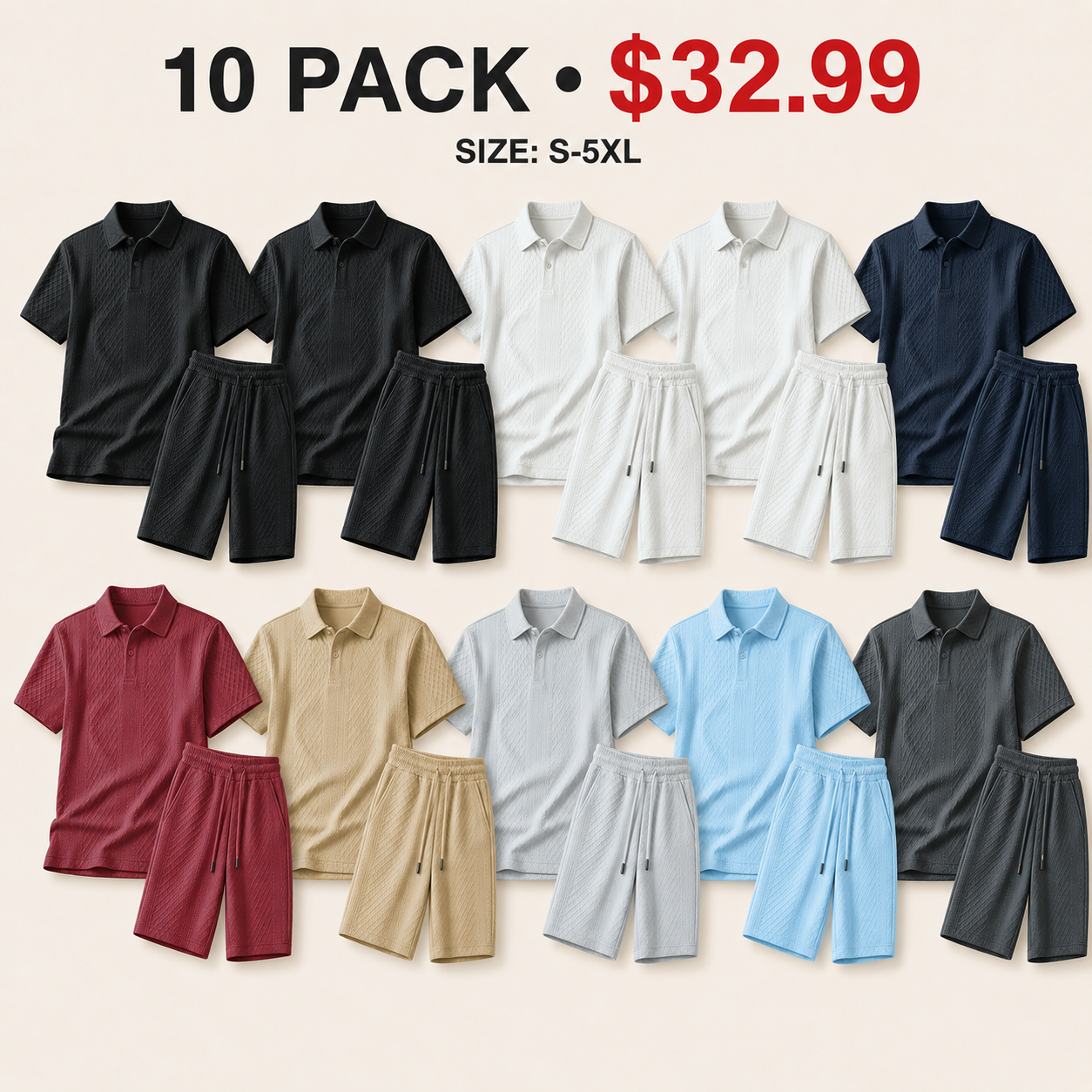 Men's Polo Shirt and Drawstring Shorts Set - 6-Pack or 10-Pack