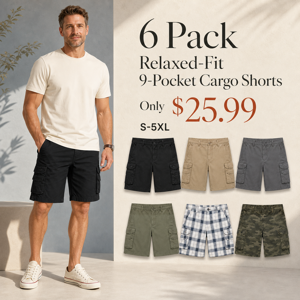 Men's Relaxed-Fit 9-Pocket Cotton Stretch Cargo Shorts - 6 & 10 Pack