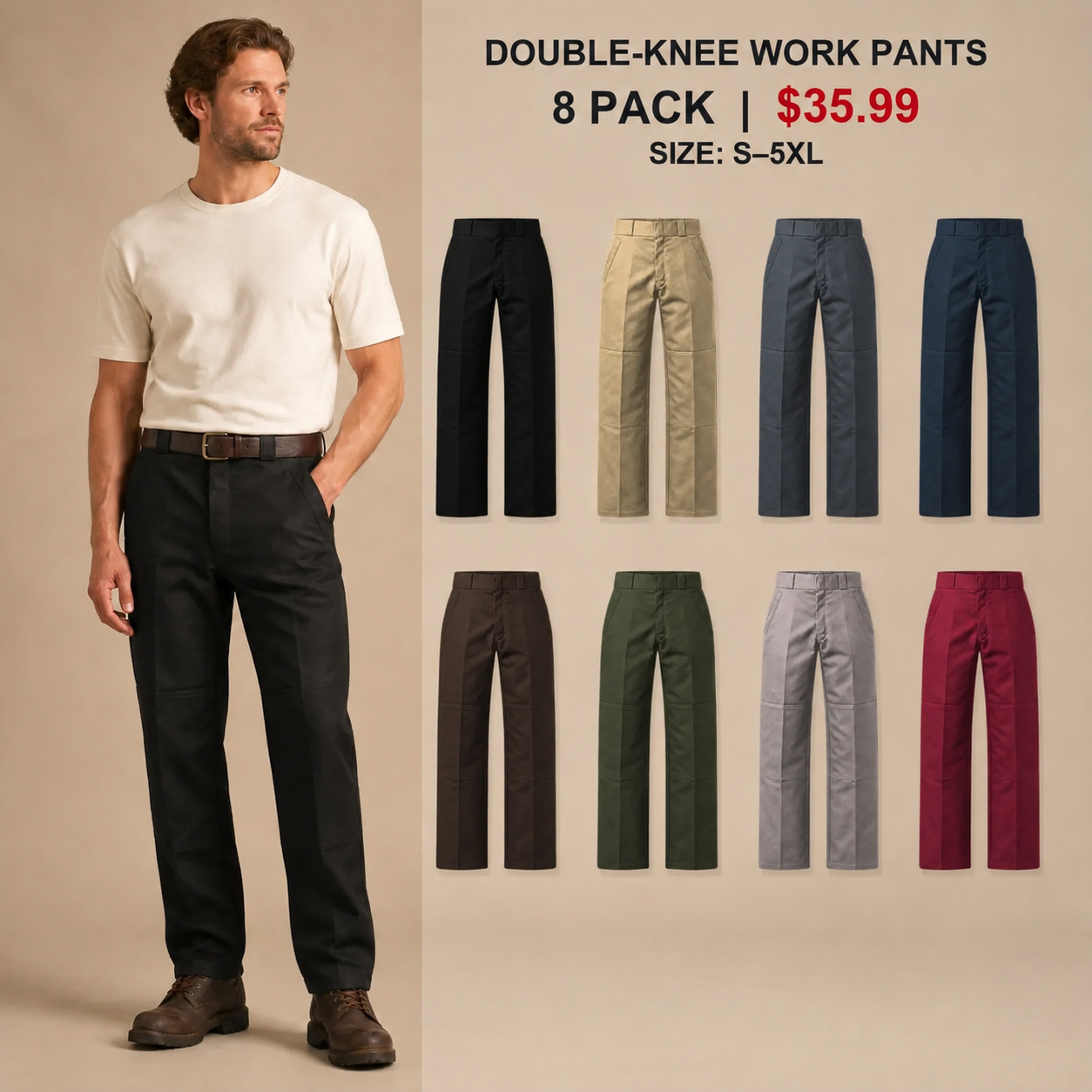 Men's Double-Knee Work Pants - 8 & 16 Pack