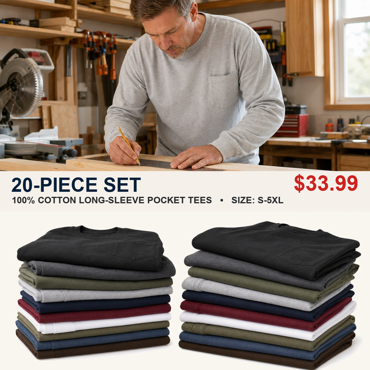 Twenty-shirt pack with two men's cotton pocket T-shirts in each color