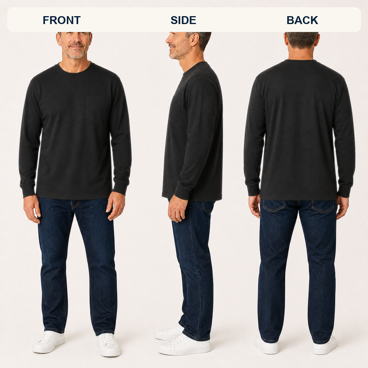 Front side and back model views of the Black long sleeve pocket T-shirt