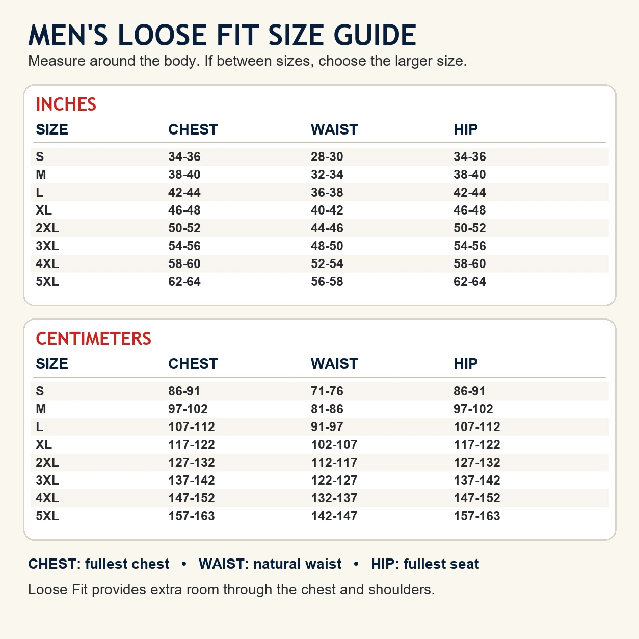 Men's loose-fit long sleeve pocket T-shirt size guide S to 5XL