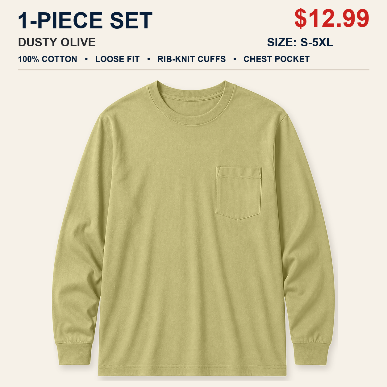 Dusty Olive single men's cotton long sleeve pocket T-shirt