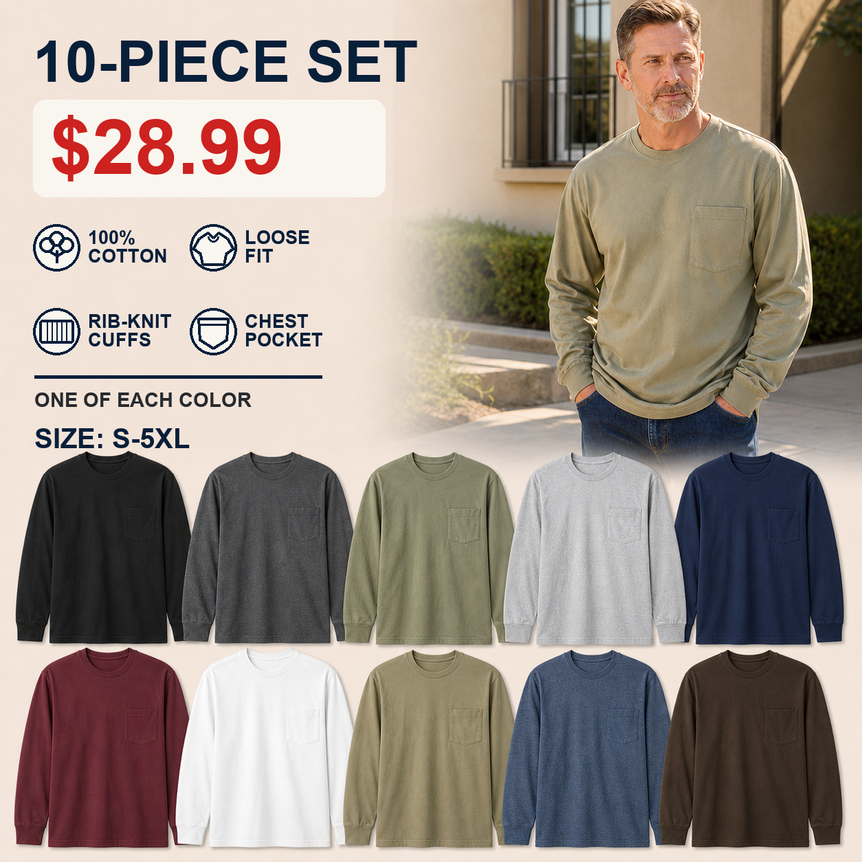 Ten-shirt pack with one men's cotton pocket T-shirt in each color