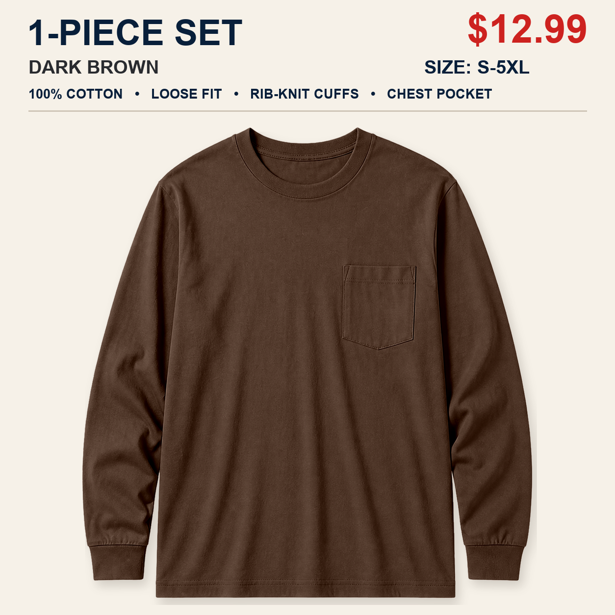 Dark Brown single men's cotton long sleeve pocket T-shirt