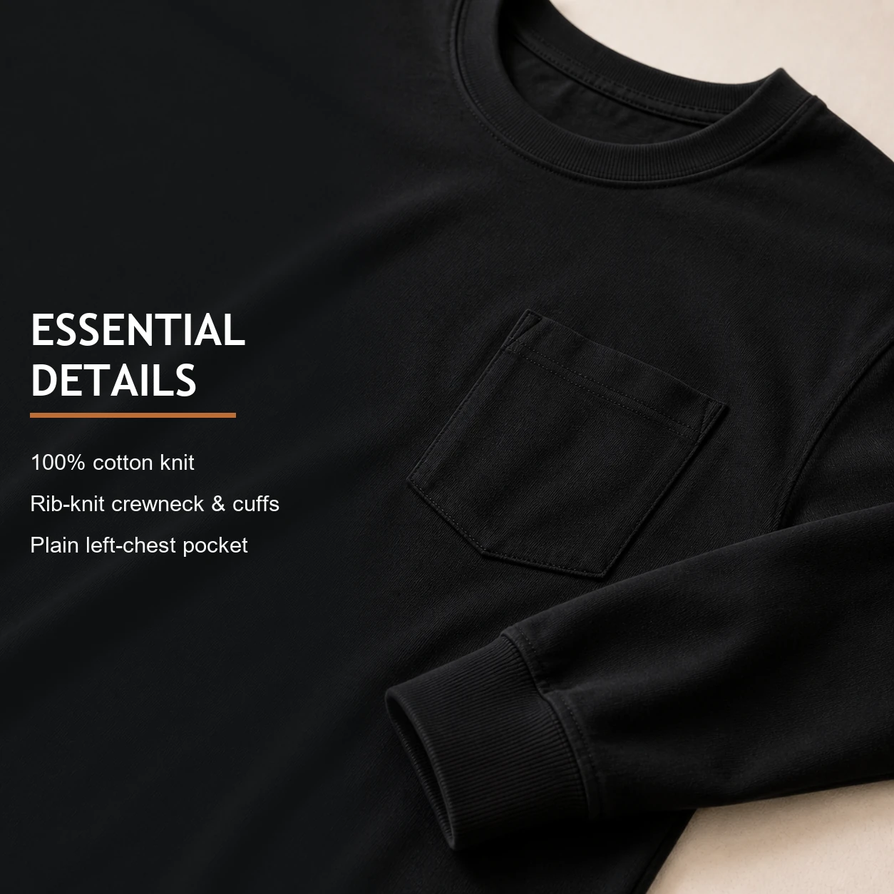 Black rib-knit crewneck plain chest pocket and cuff details