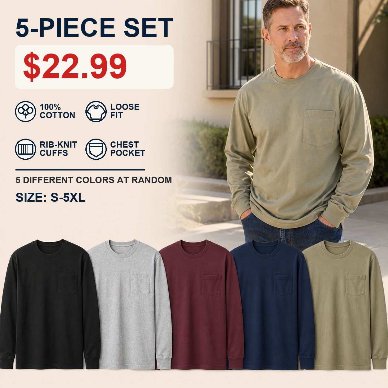Five different colors selected at random from ten men's cotton long sleeve pocket T-shirts