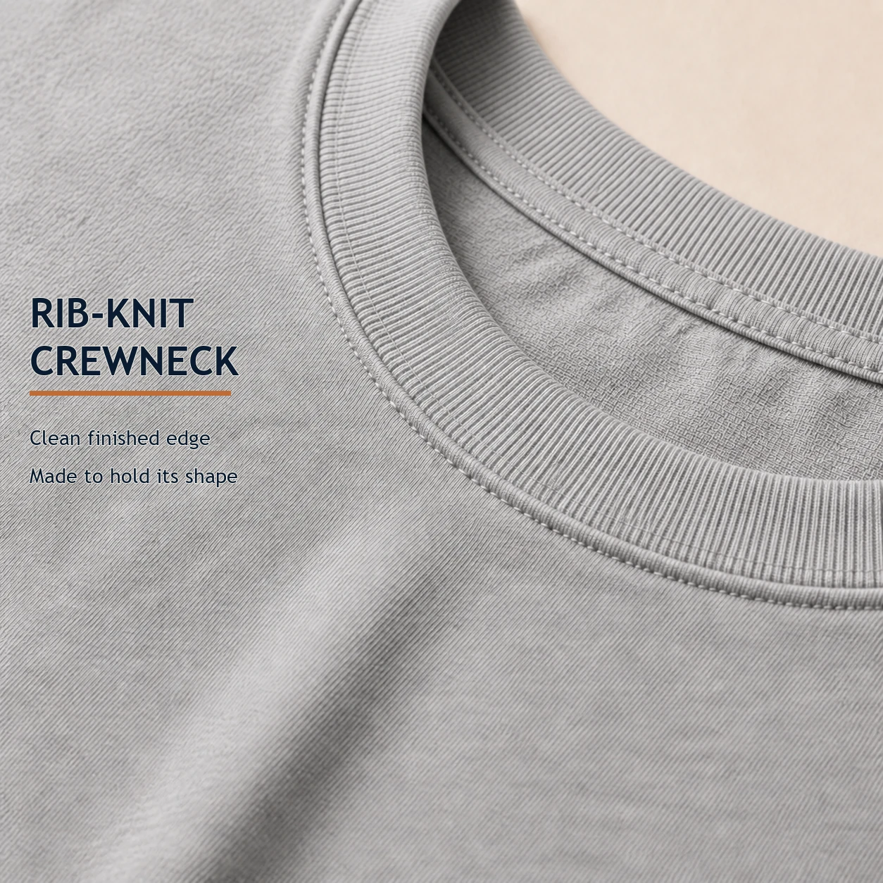 Heather Gray rib-knit crewneck and clean stitching close-up