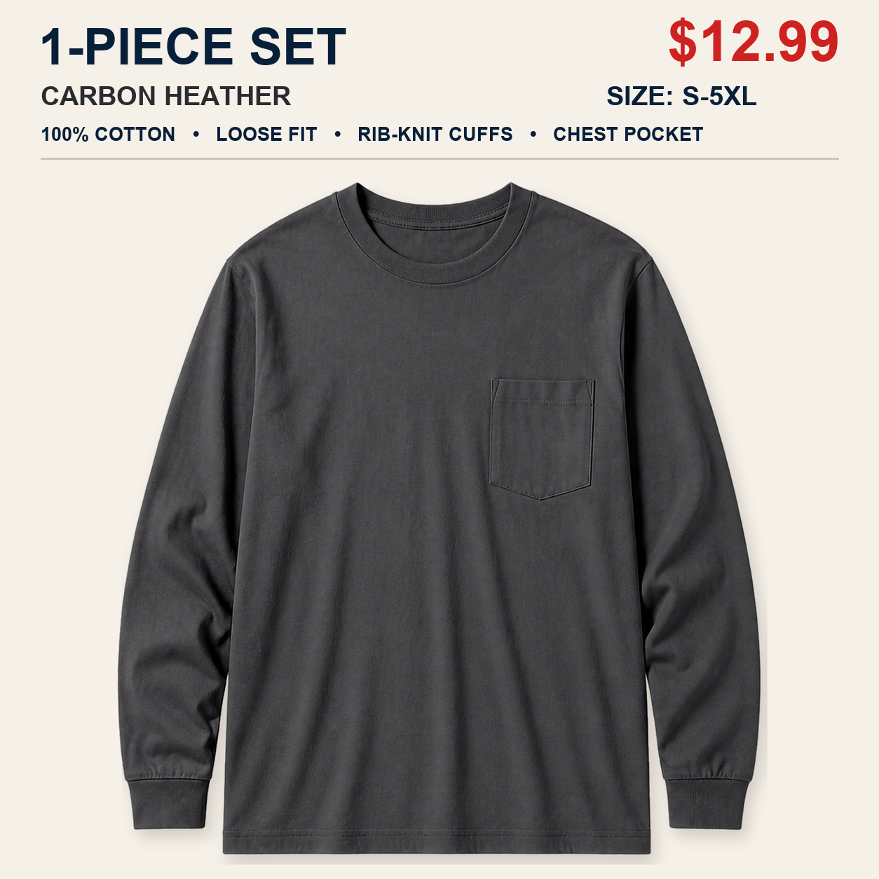 Carbon Heather single men's cotton long sleeve pocket T-shirt