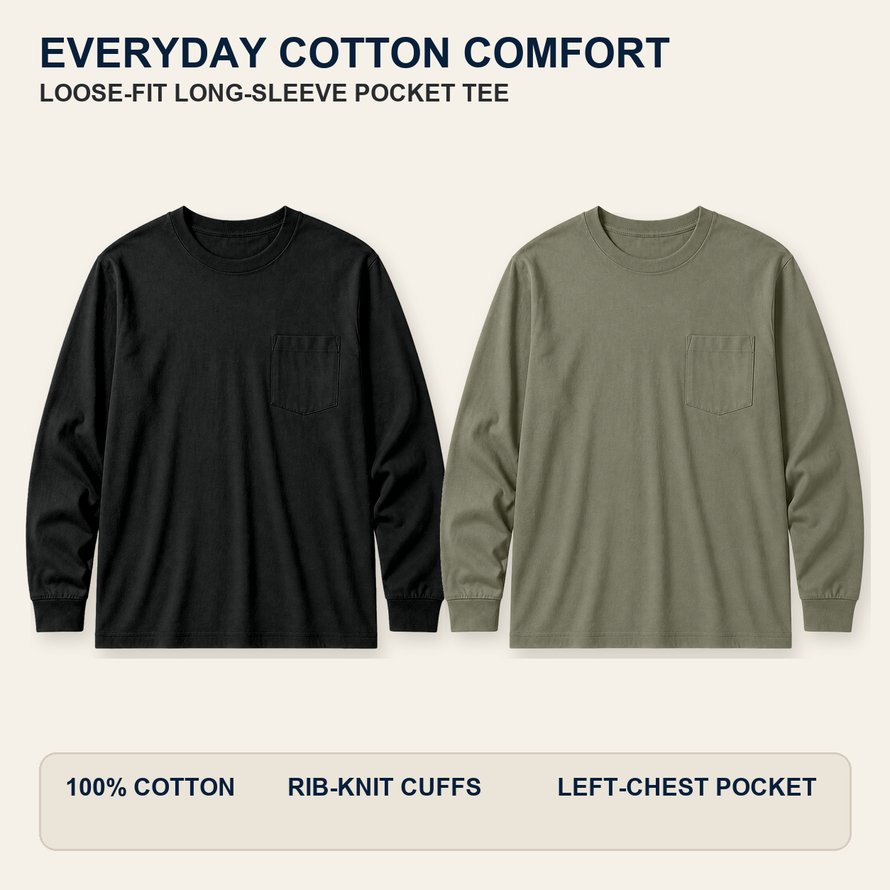Black and Faded Olive cotton long sleeve pocket T-shirts