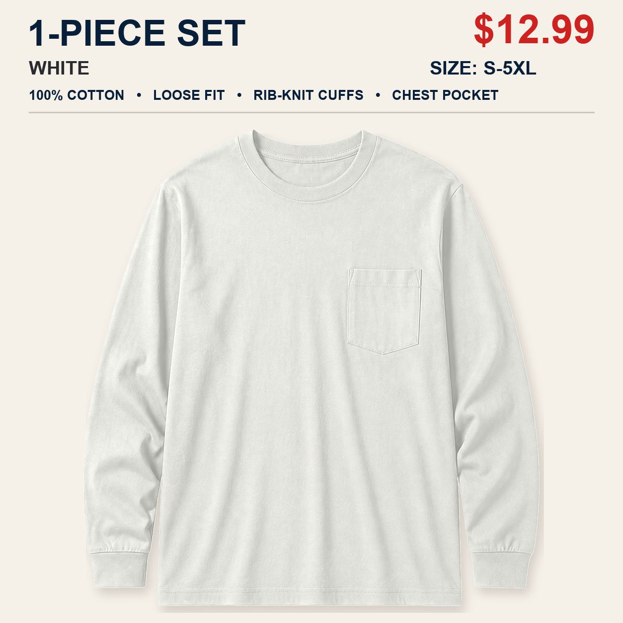 White single men's cotton long sleeve pocket T-shirt