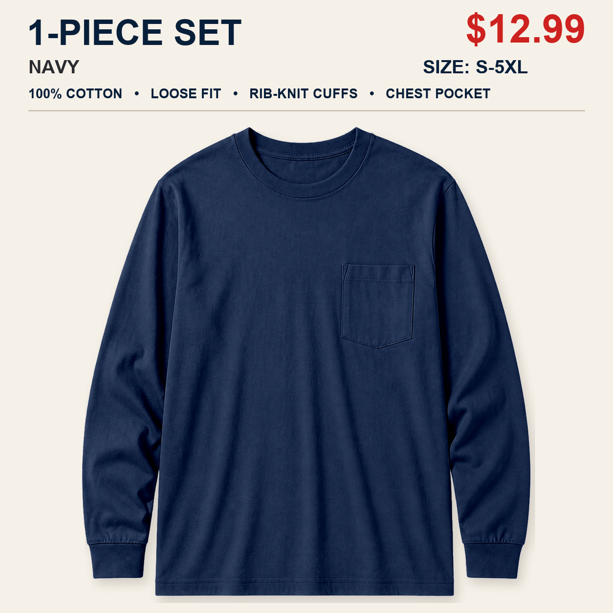 Navy single men's cotton long sleeve pocket T-shirt