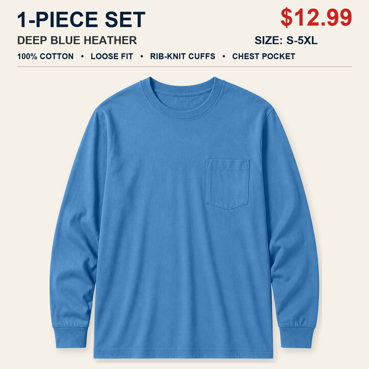 Deep Blue Heather single men's cotton long sleeve pocket T-shirt