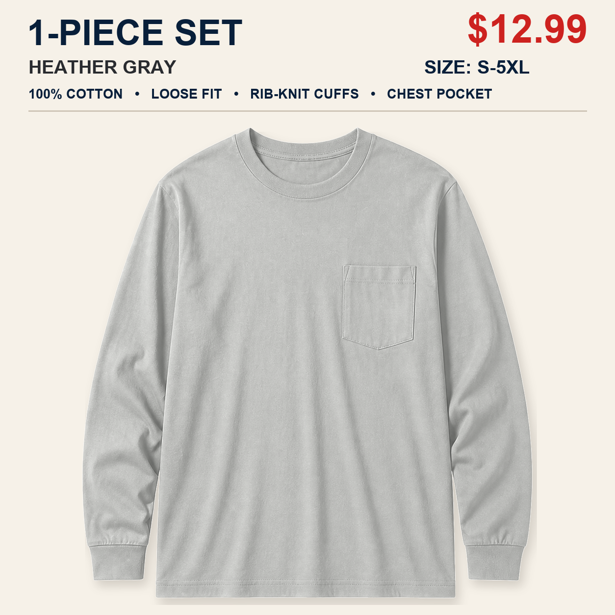 Heather Gray single men's cotton long sleeve pocket T-shirt
