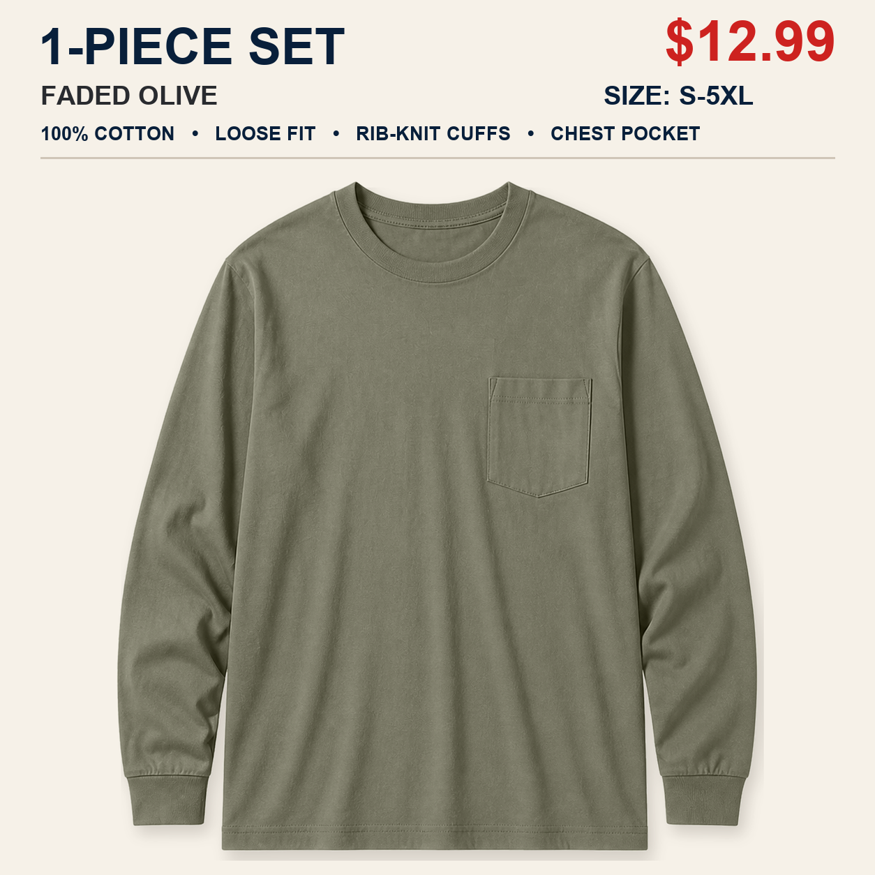 Faded Olive single men's cotton long sleeve pocket T-shirt