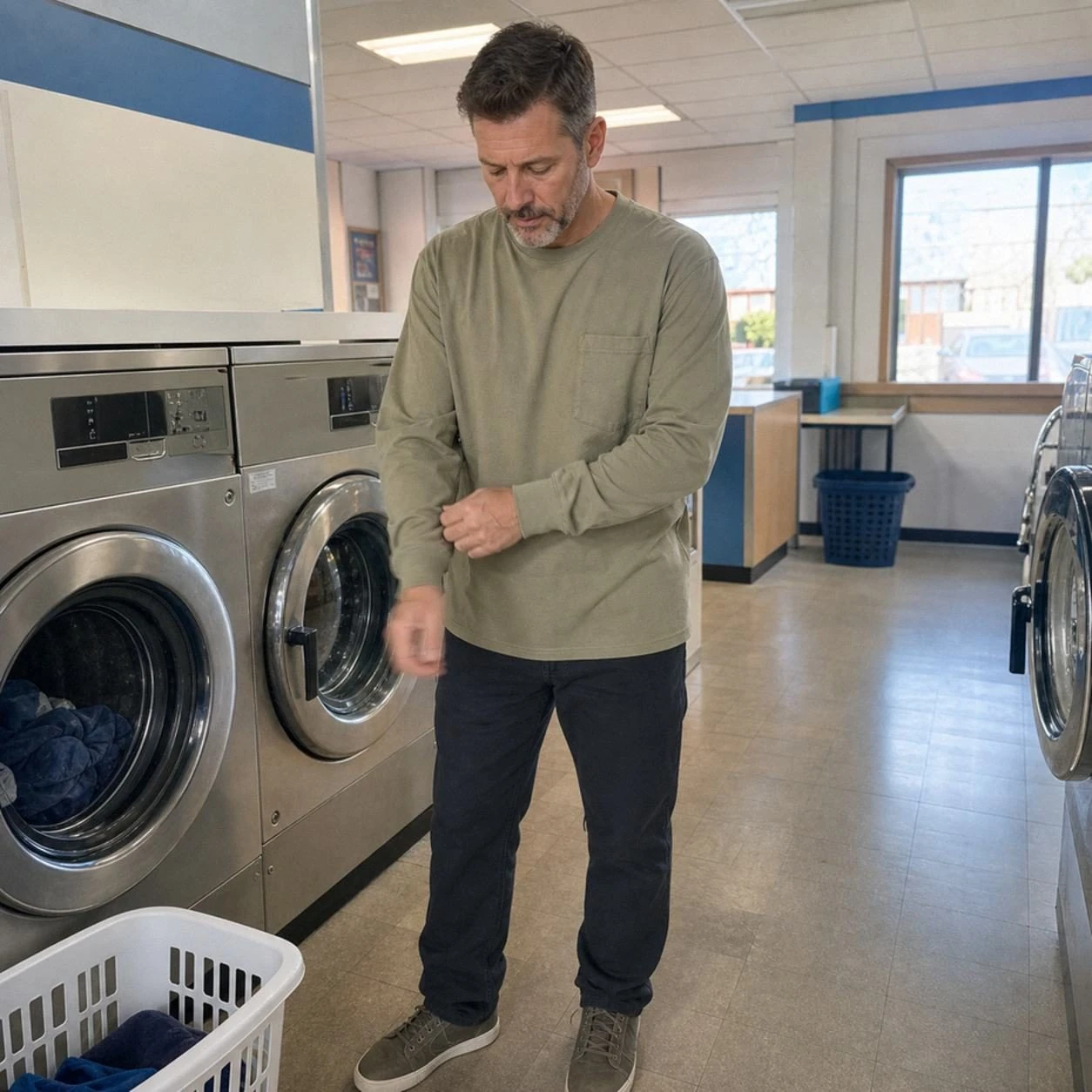 Faded Olive long sleeve pocket T-shirt in a community laundromat phone photo