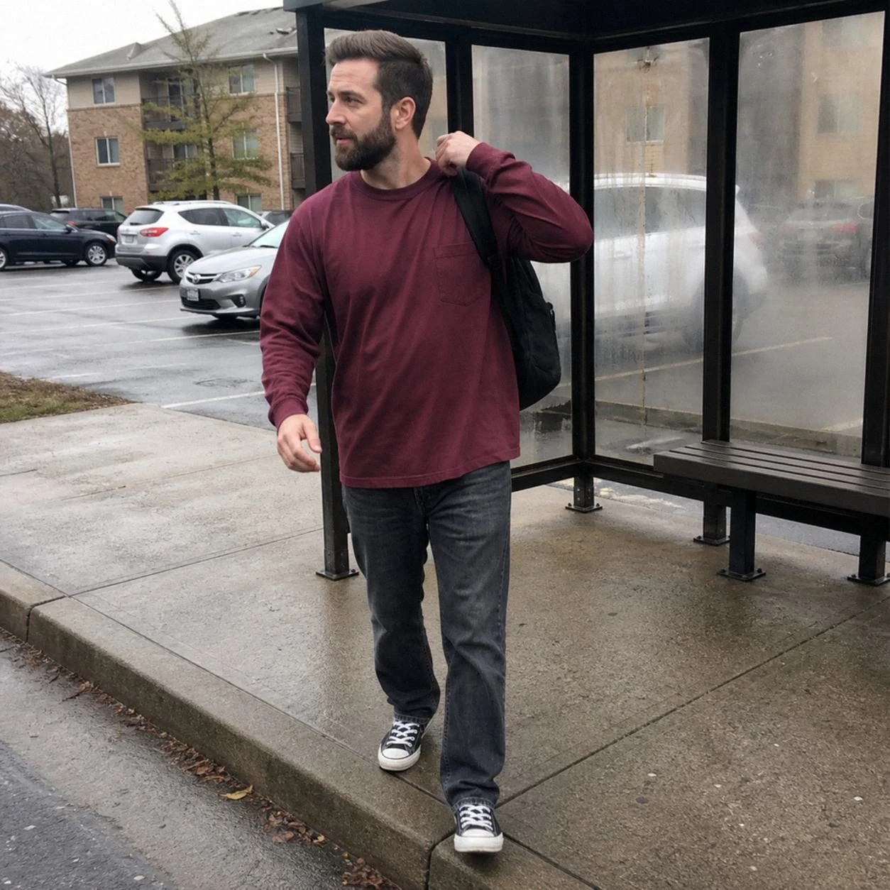 Burgundy long sleeve pocket T-shirt in an ordinary bus stop phone photo