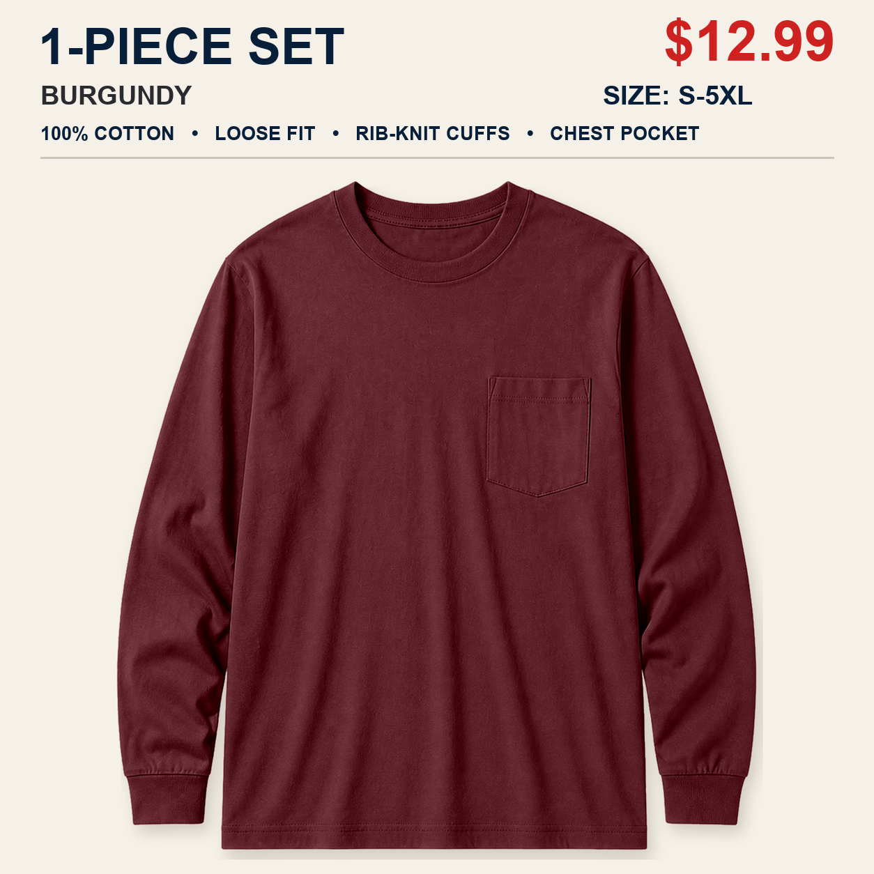 Burgundy single men's cotton long sleeve pocket T-shirt