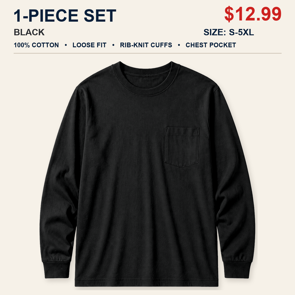 Black single men's 100% cotton loose-fit long sleeve pocket T-shirt