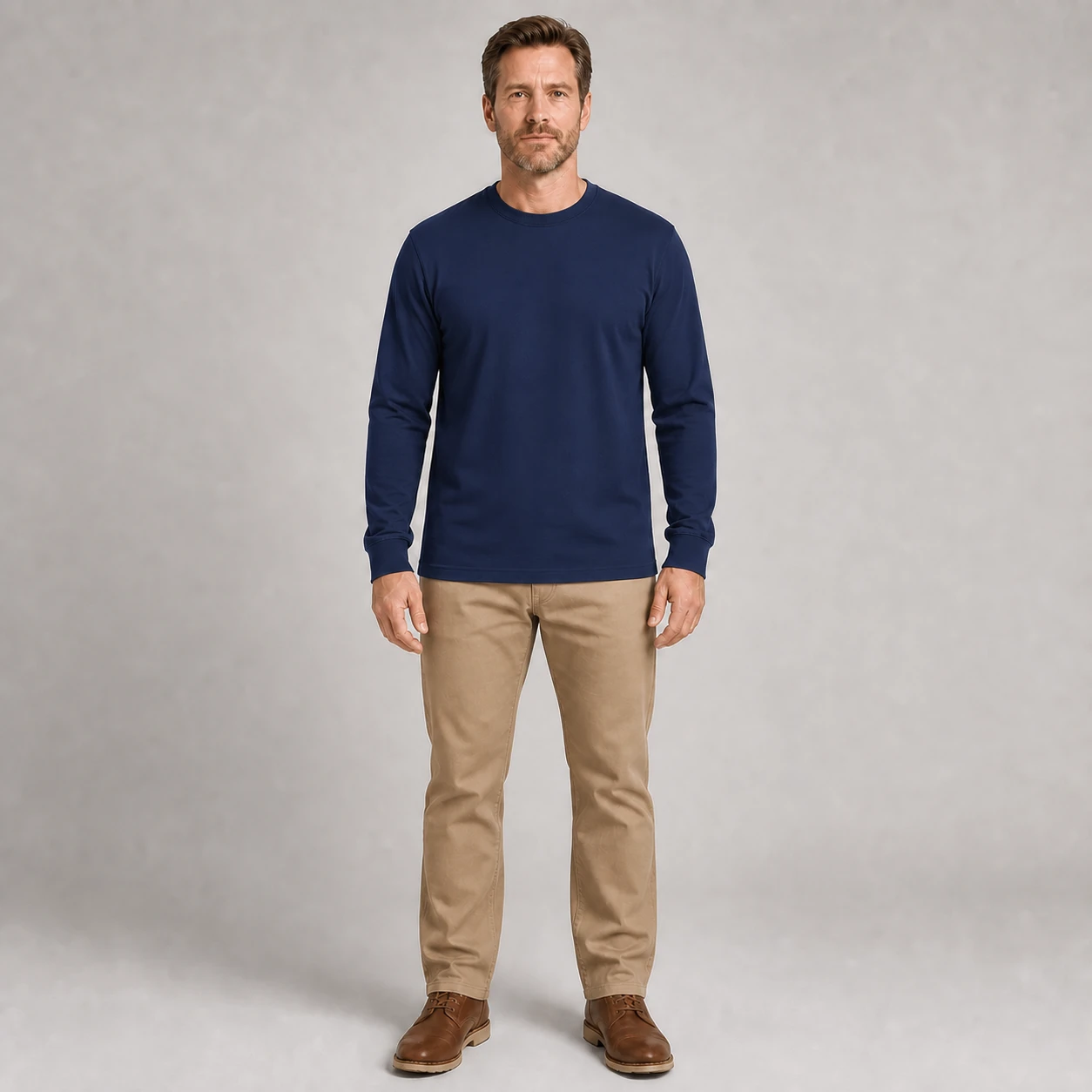 Mature model wearing the Navy long sleeve crew-neck T-shirt