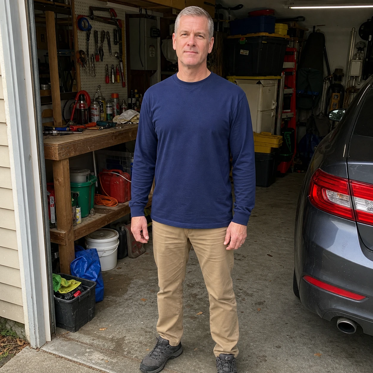 Navy long sleeve crew-neck T-shirt in an everyday garage photo