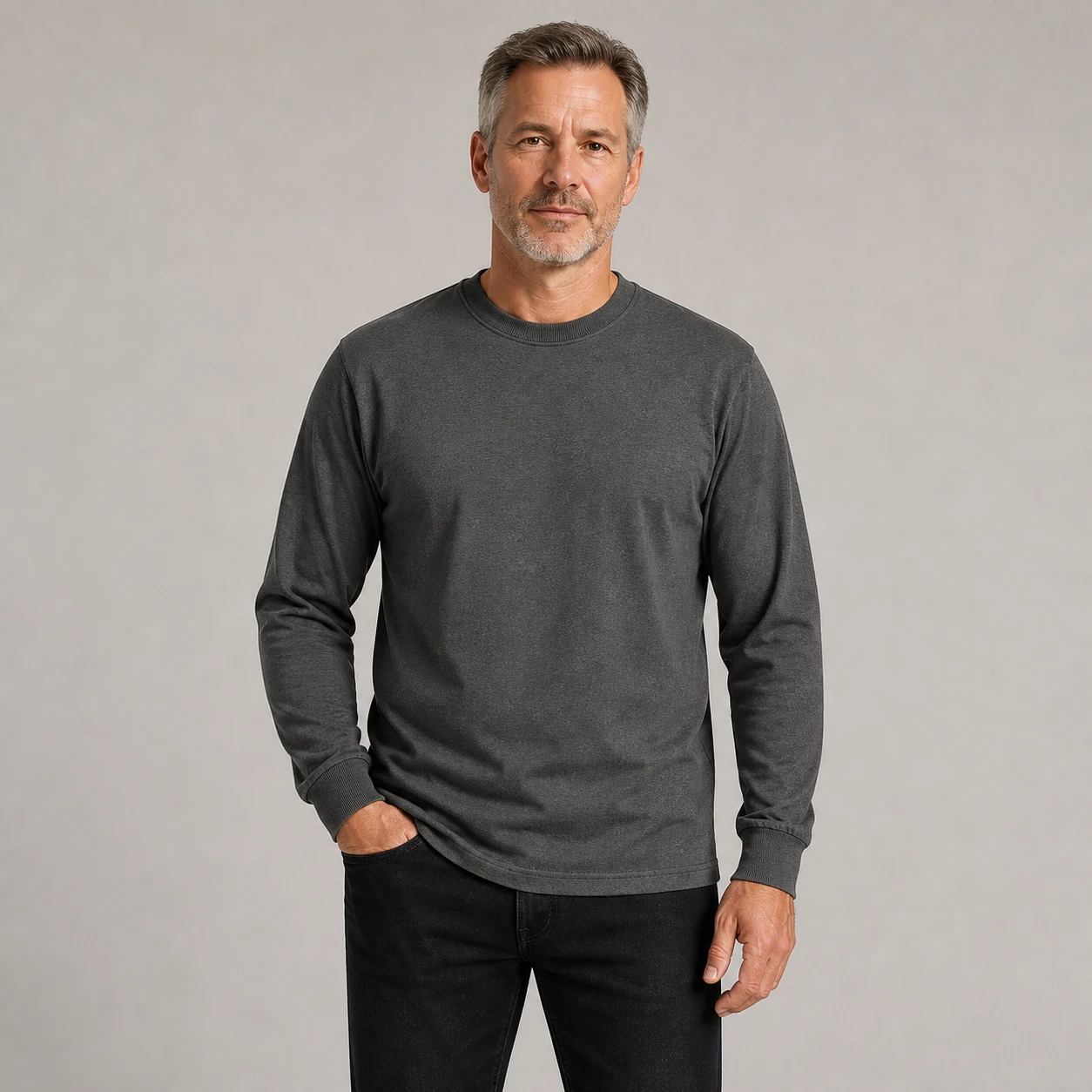 Mature model wearing the Charcoal long sleeve crew-neck T-shirt