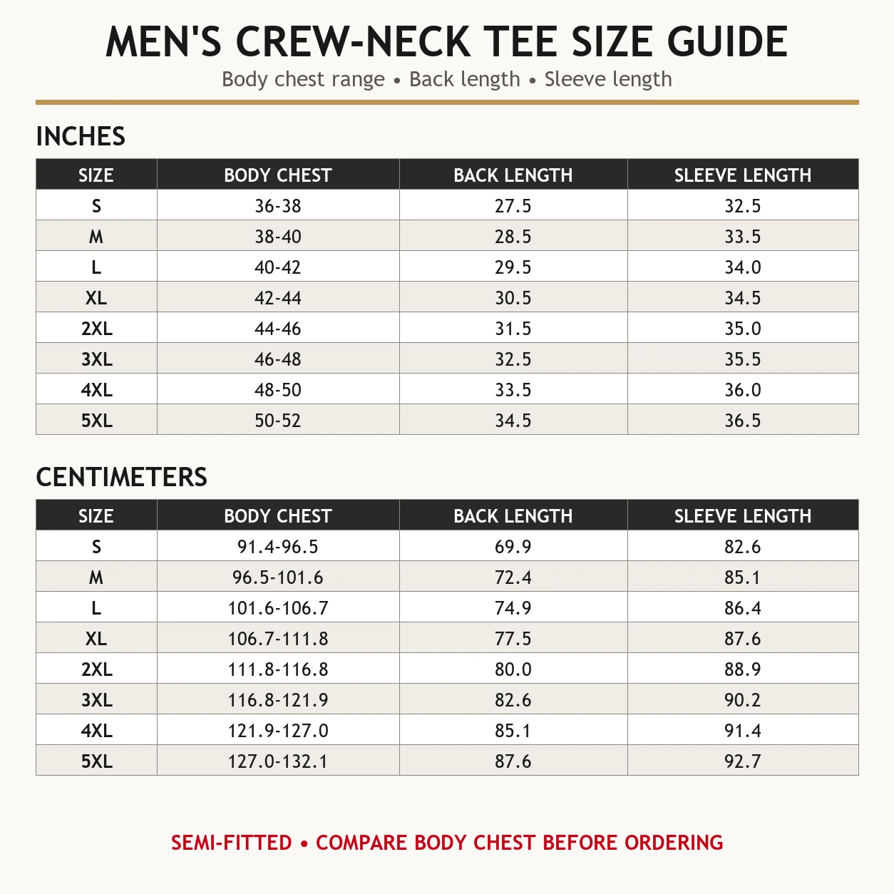 Men's long sleeve crew-neck T-shirt size chart from S to 5XL