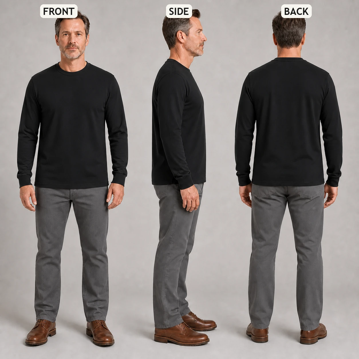 Front side and back fit views of the Black long sleeve crew-neck T-shirt