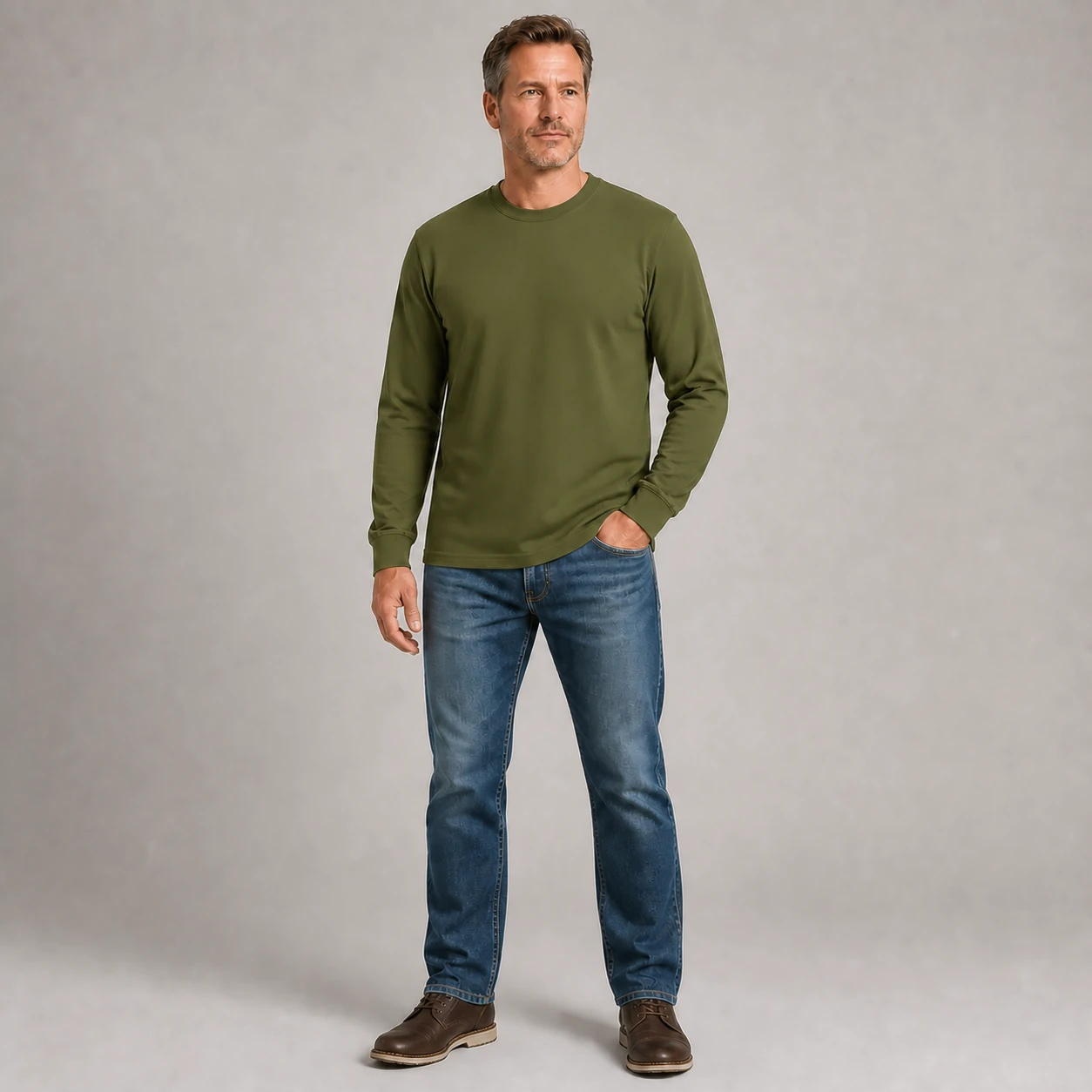 Mature model wearing the Olive long sleeve crew-neck T-shirt