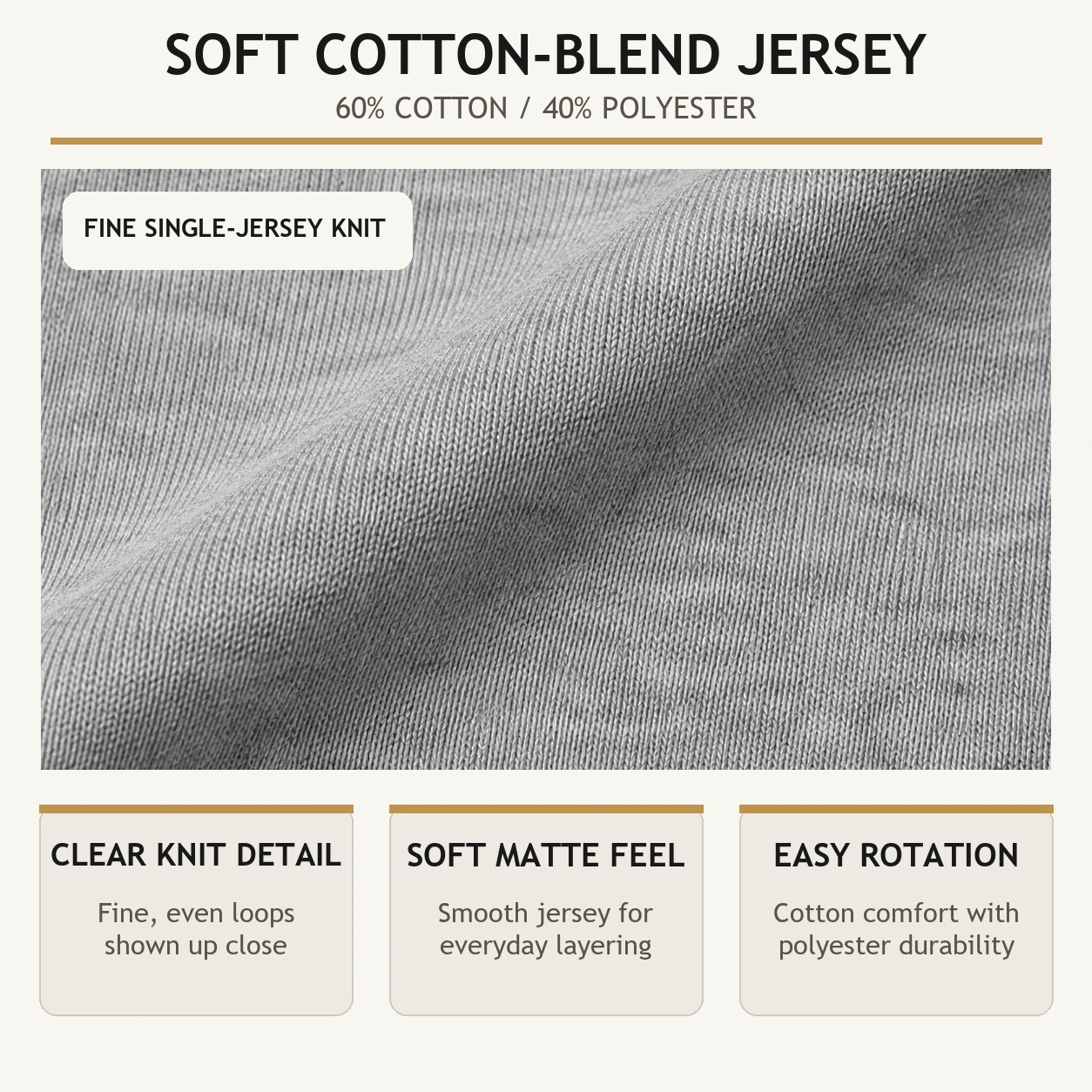 High-definition close-up of heather-gray cotton-blend single-jersey knit
