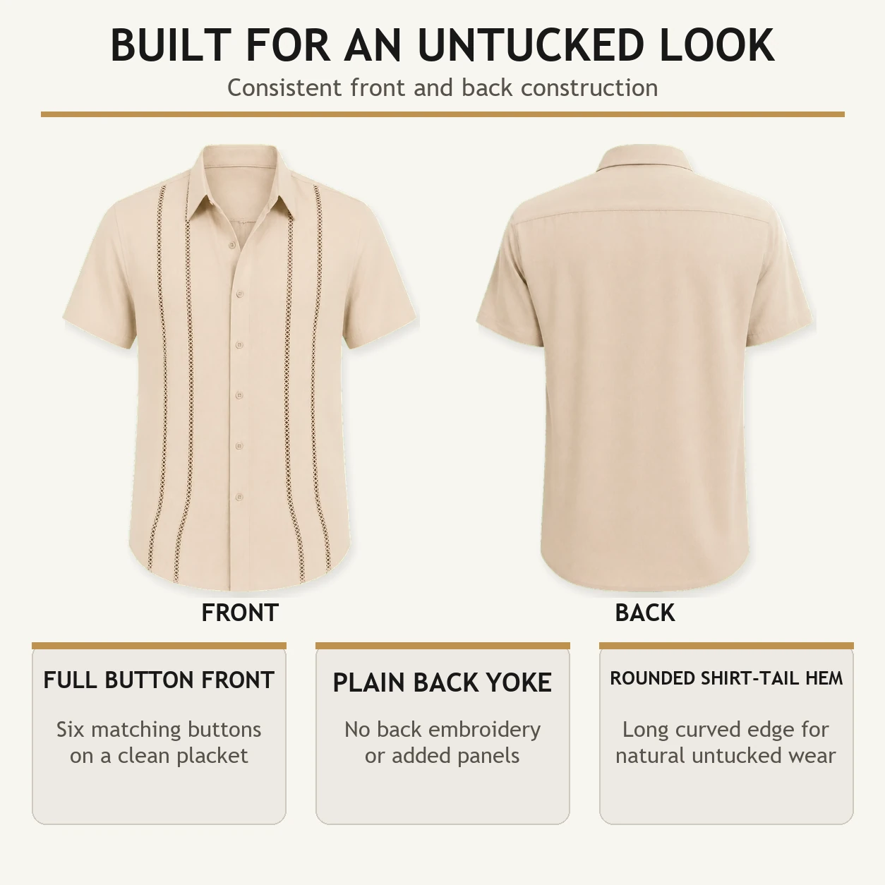 Beige Cuban-inspired shirt front and back construction