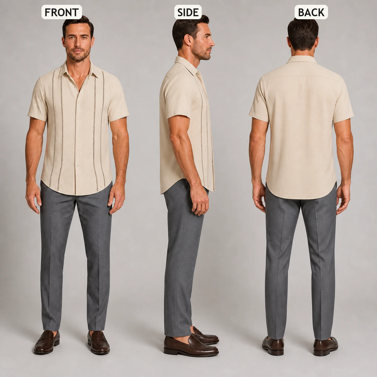 Front side and back fit views of the Beige Cuban-inspired shirt