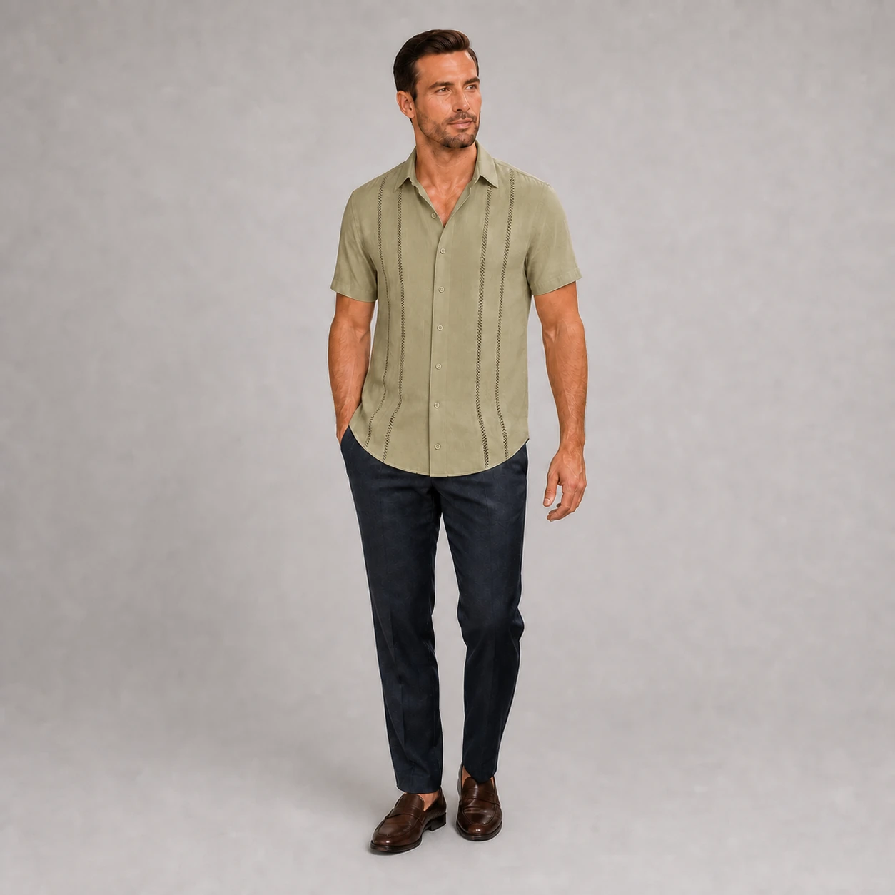 Mature model wearing the Army Green Cuban-inspired short sleeve shirt