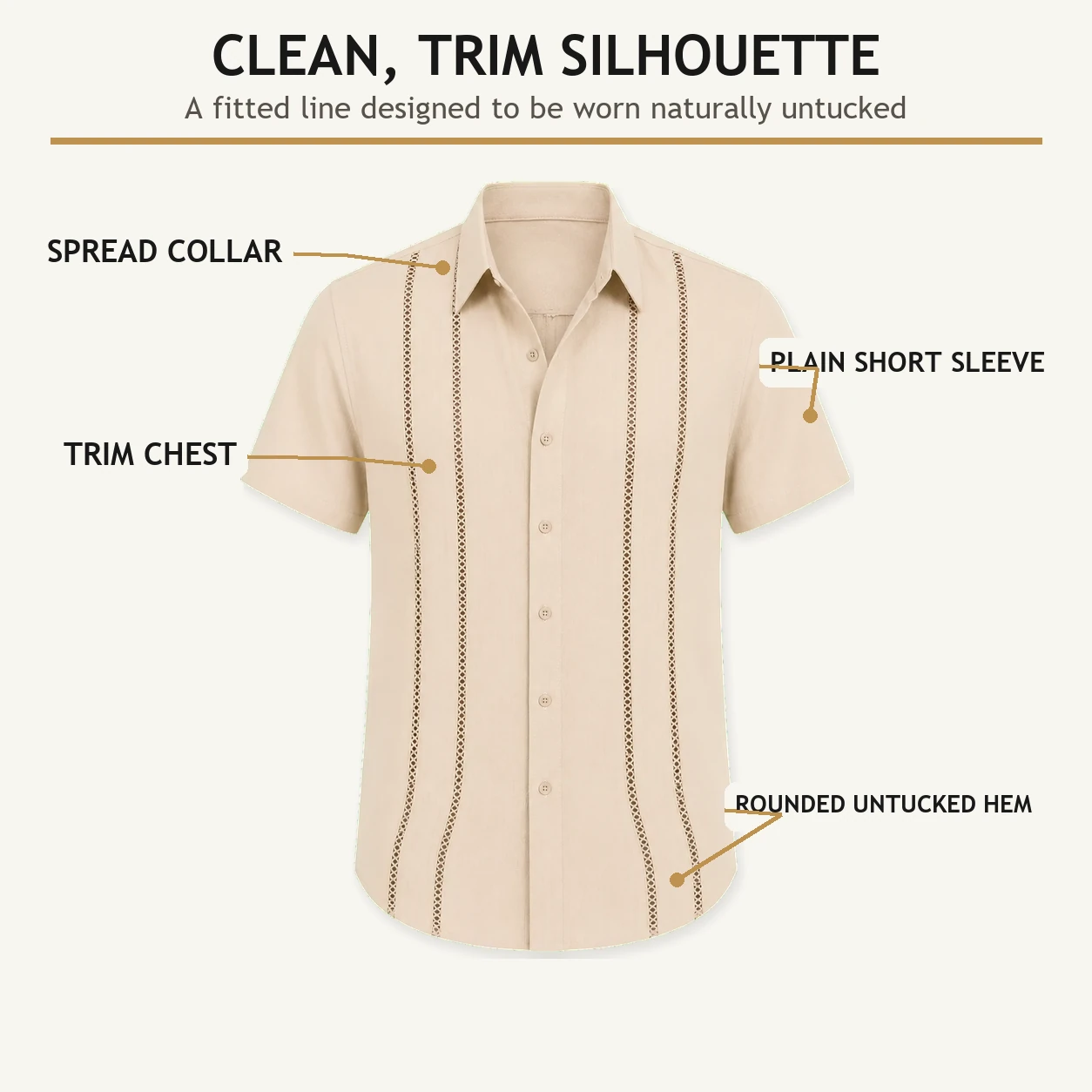 Clean trim-fit Beige Cuban-inspired shirt silhouette
