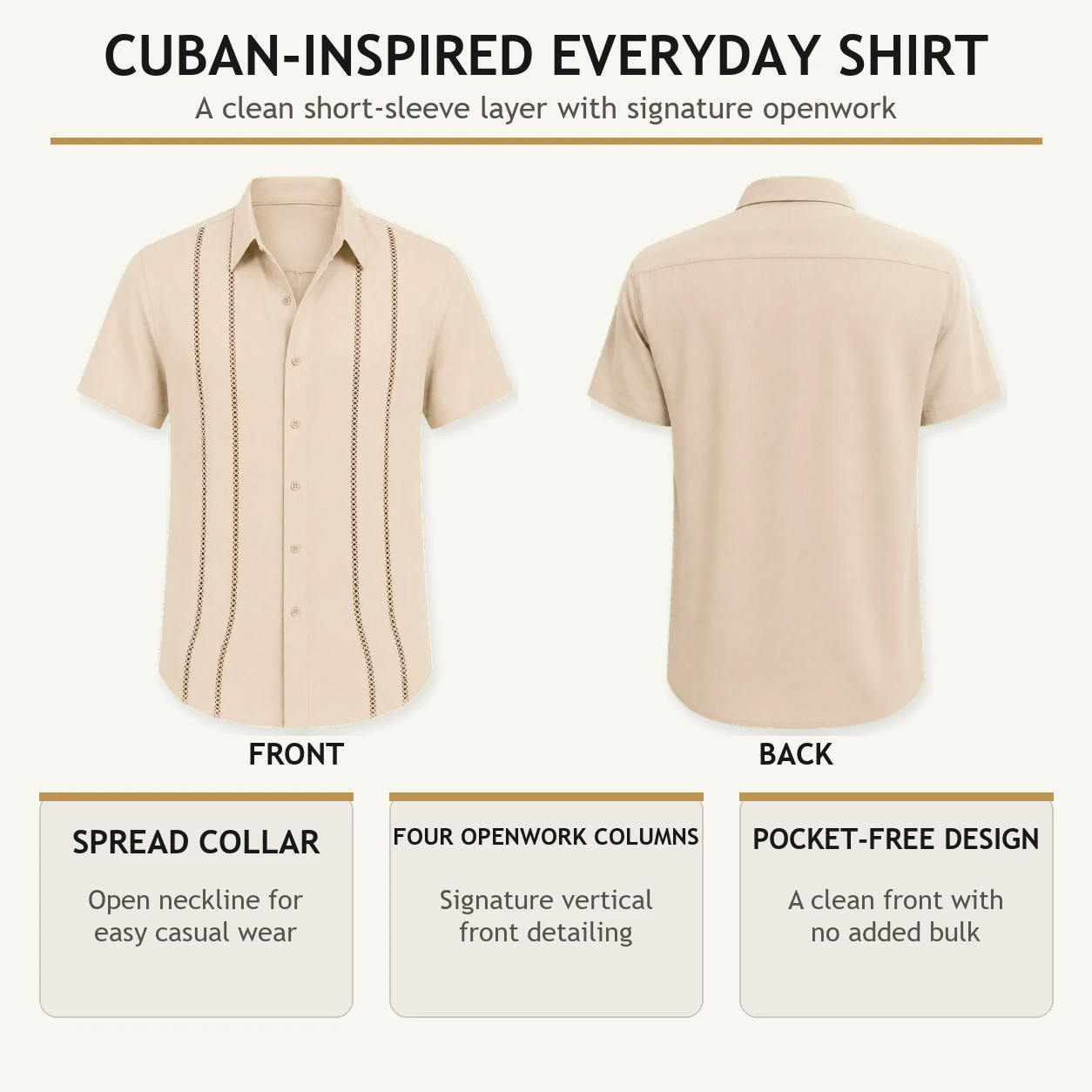 Beige Cuban-inspired short sleeve shirt front and back overview