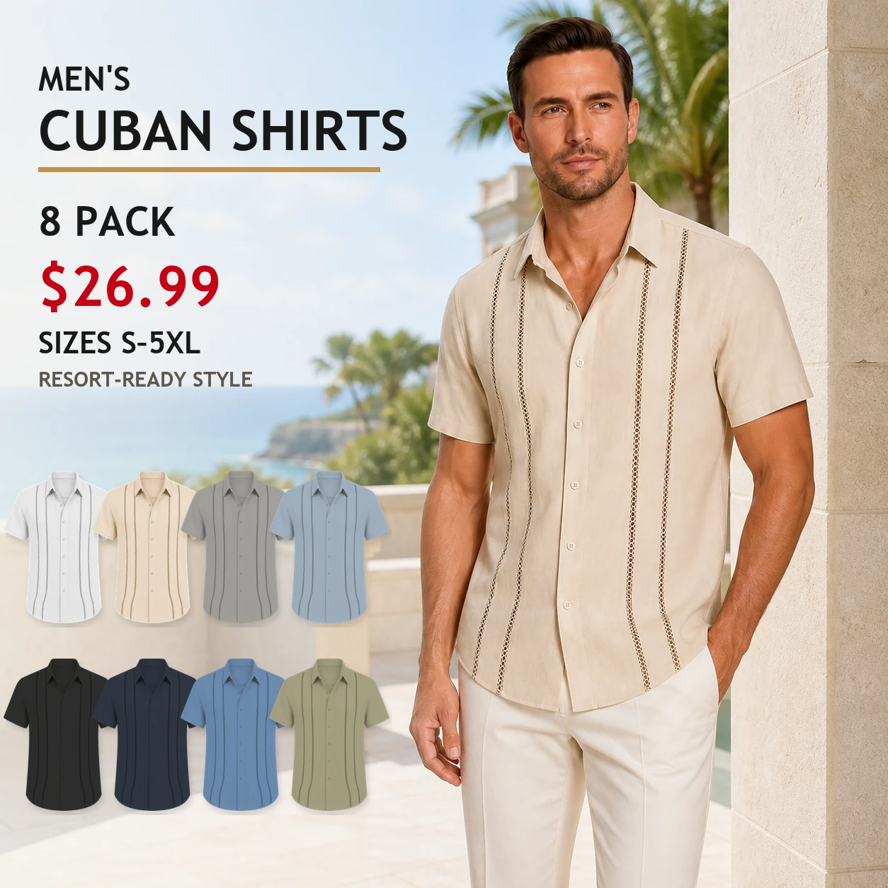 Men's Cuban-inspired short sleeve shirts eight-pack cover