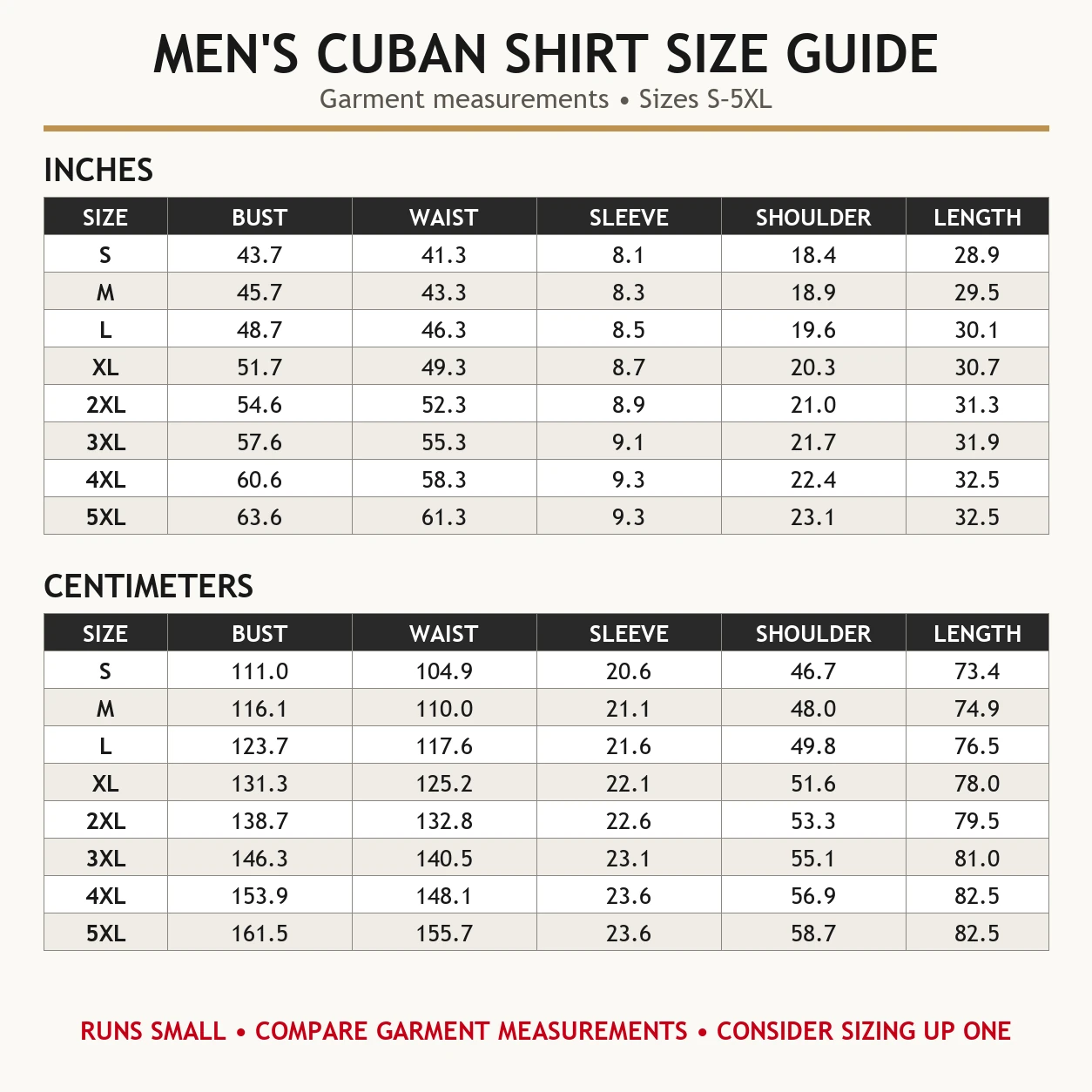 Men's Cuban-inspired short sleeve shirt size chart from S to 5XL