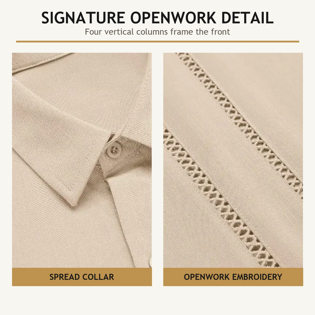 Spread collar and signature openwork front details