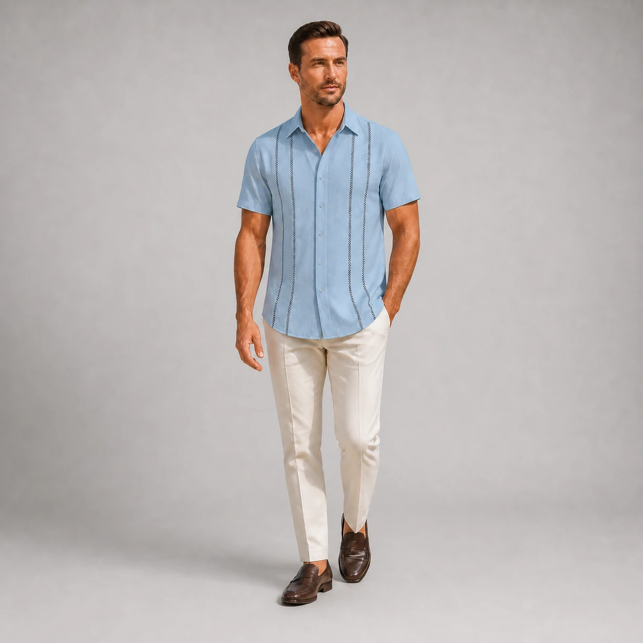 Mature model wearing the Blue Cuban-inspired short sleeve shirt